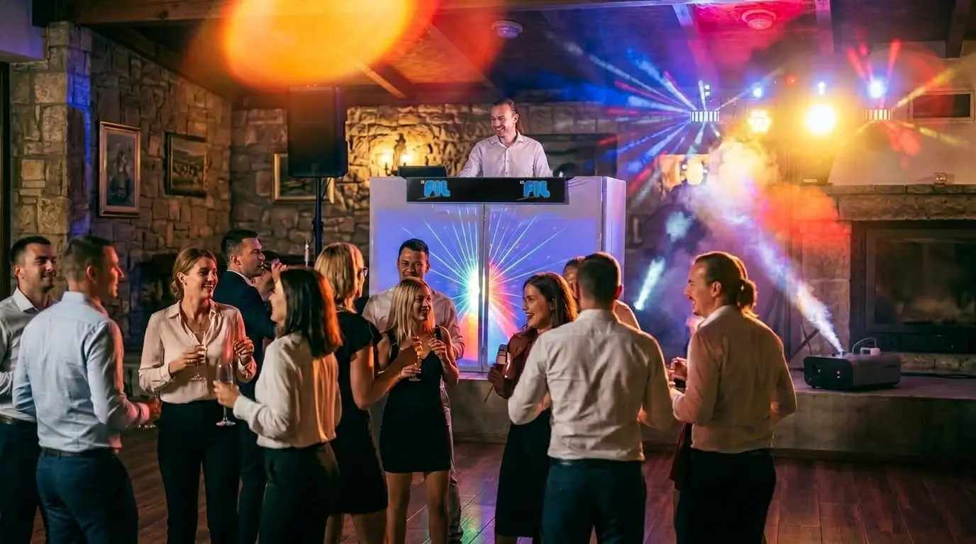DJ Fil am Pult, davor feiern Gäste unter bunten Lichteffekten